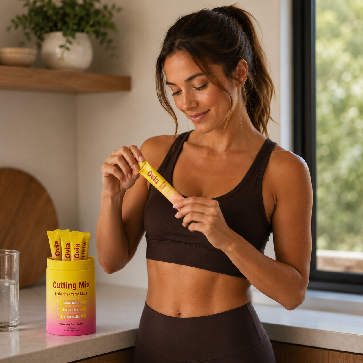 Woman using Ovia Cutting Mix in her kitchen