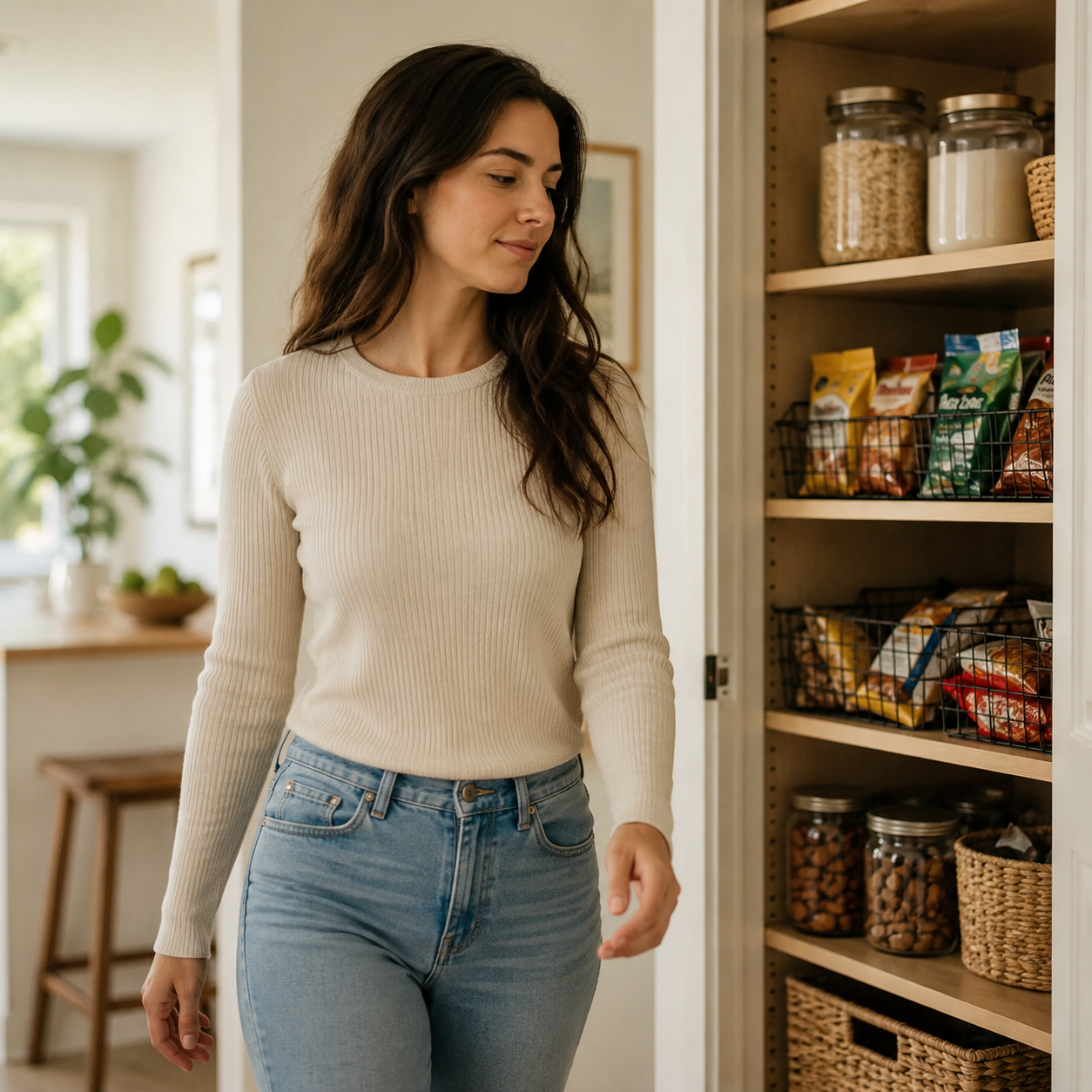 Woman managing food cravings at home