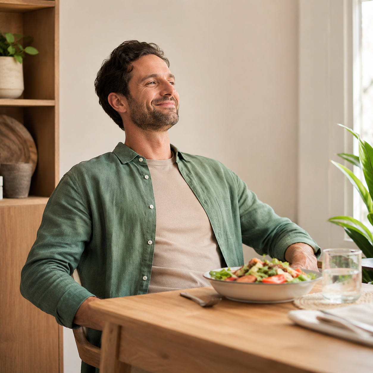 Man feeling satisfied and full after a healthy meal
