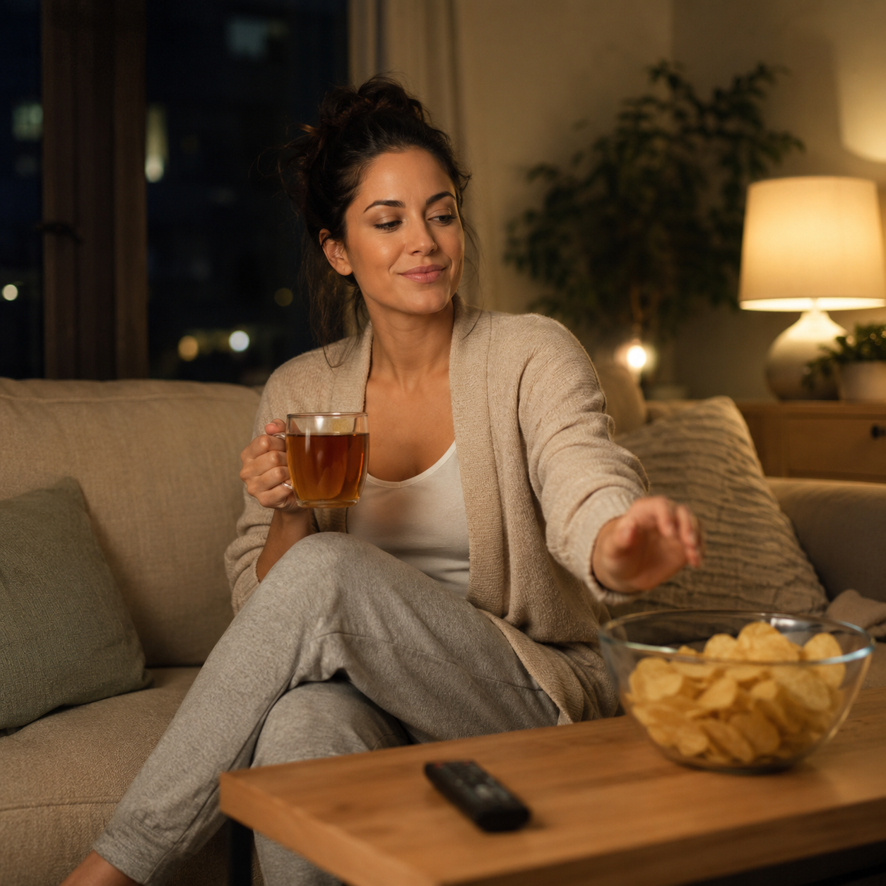 Woman on couch at night managing late-night snacking